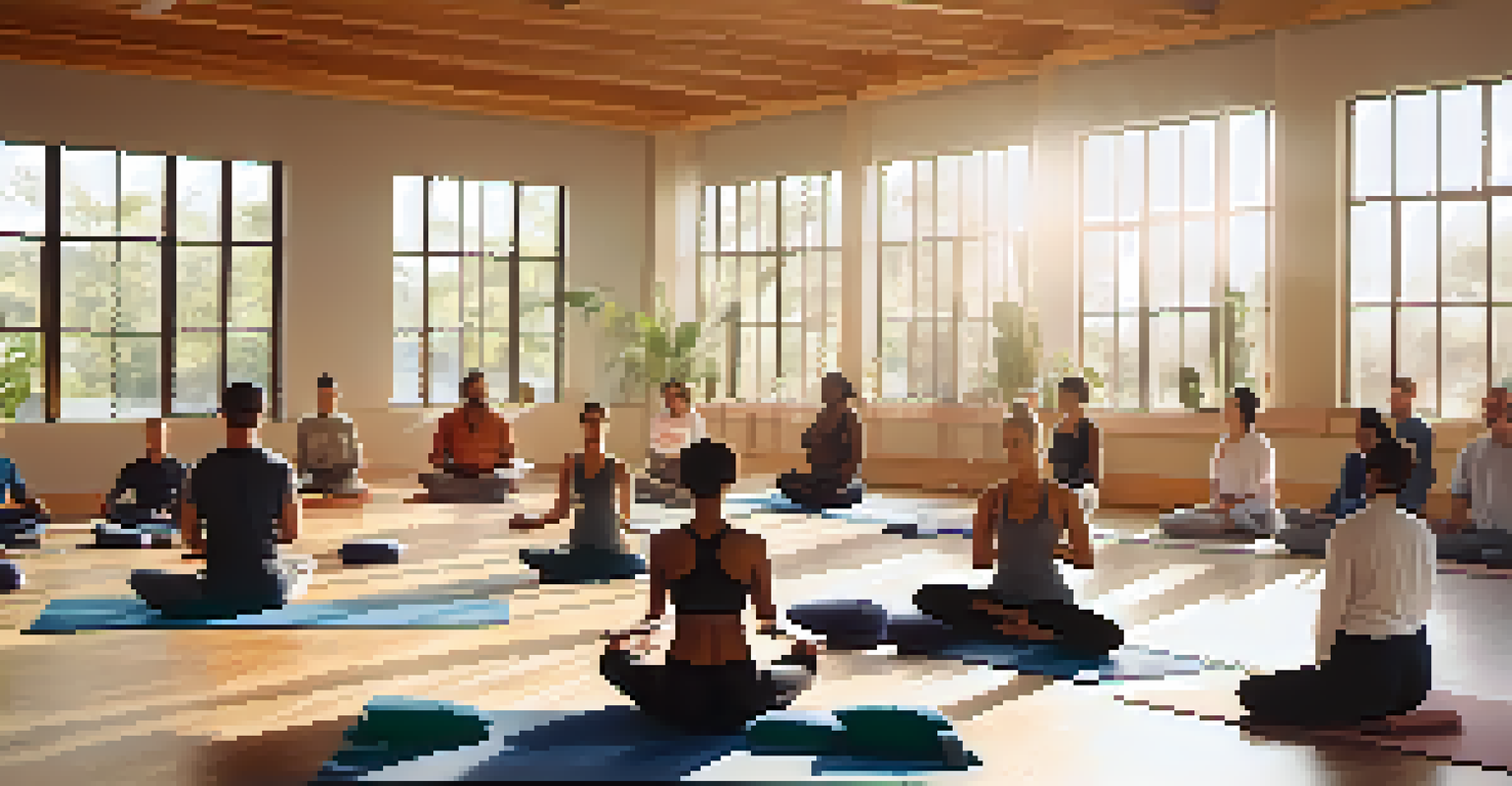 A group of individuals practicing yoga in a bright and peaceful studio, with sunlight streaming through large windows and wooden floors.