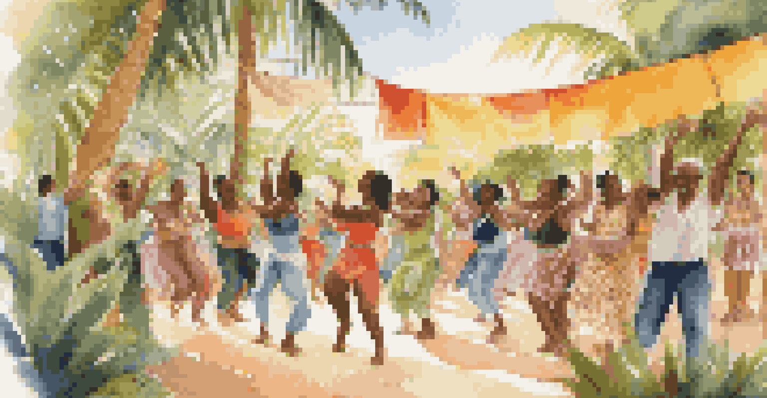 A diverse group of people participating in an outdoor Caribbean dance workshop, surrounded by tropical plants and bright banners under sunlight.