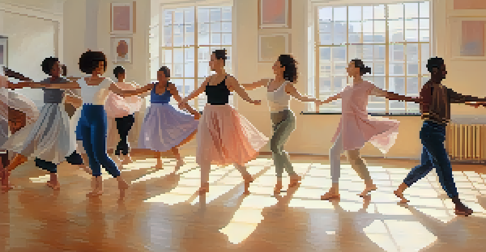 A group of diverse individuals participating in a joyful dance therapy session in a bright studio with large windows and pastel decorations.