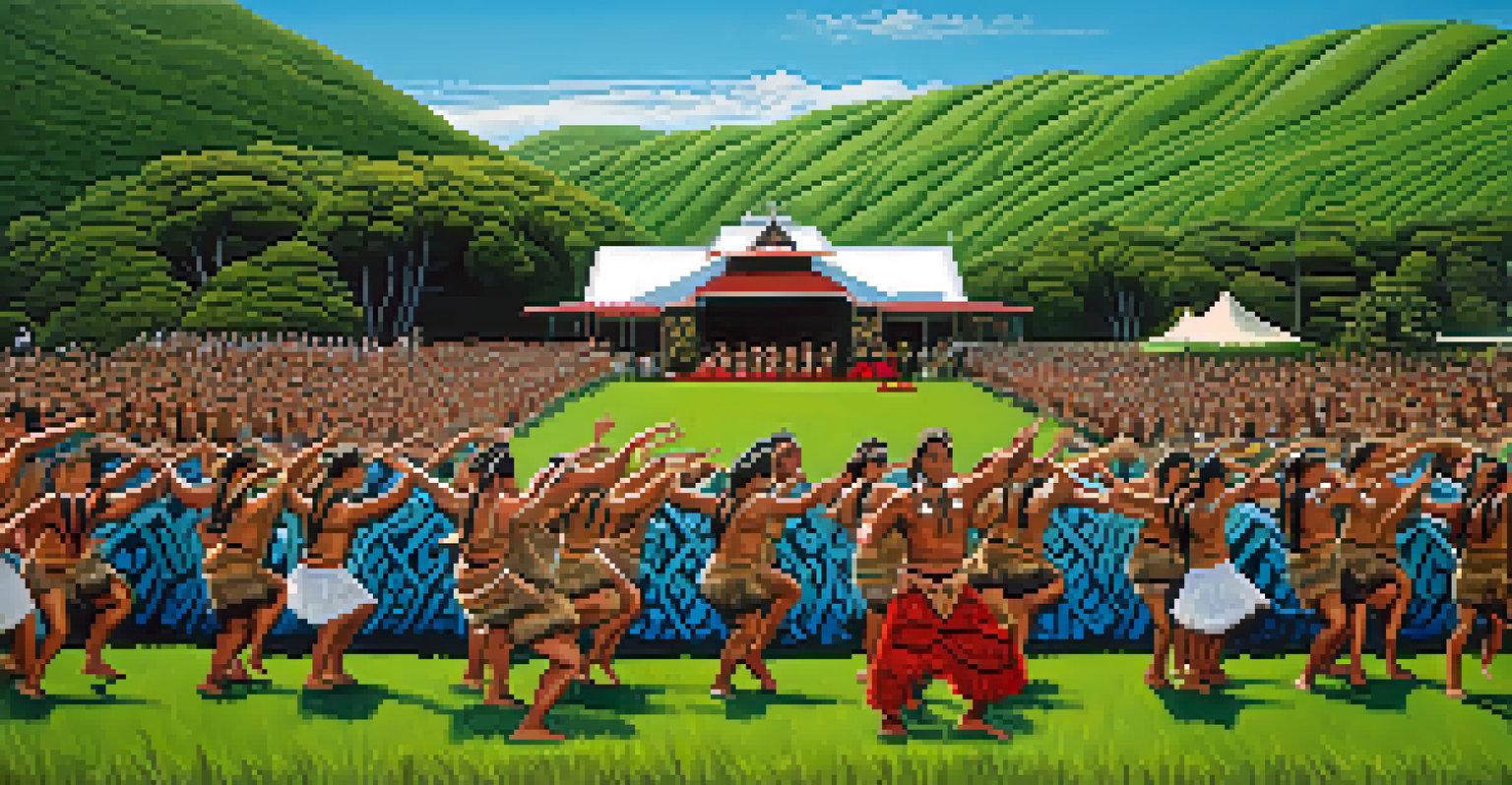 A powerful outdoor performance of a traditional Haka dance with performers in Māori attire against a scenic backdrop.