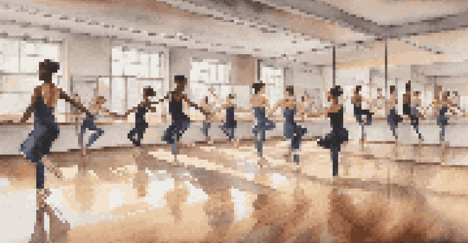 Diverse dancers practicing their flexibility in a mirrored dance studio.
