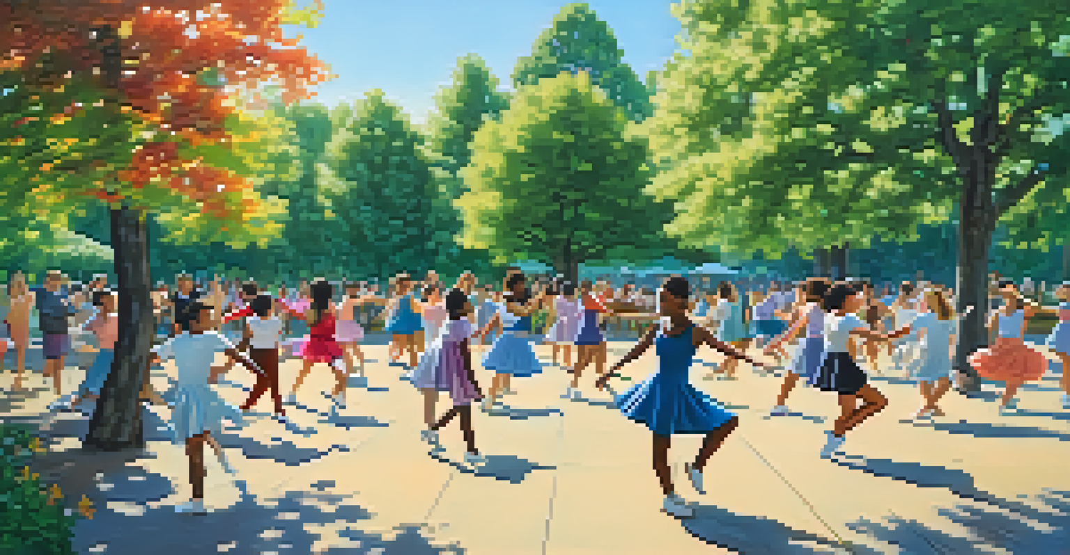 A joyful outdoor dance class in a park with people practicing various dance styles under a sunny sky.