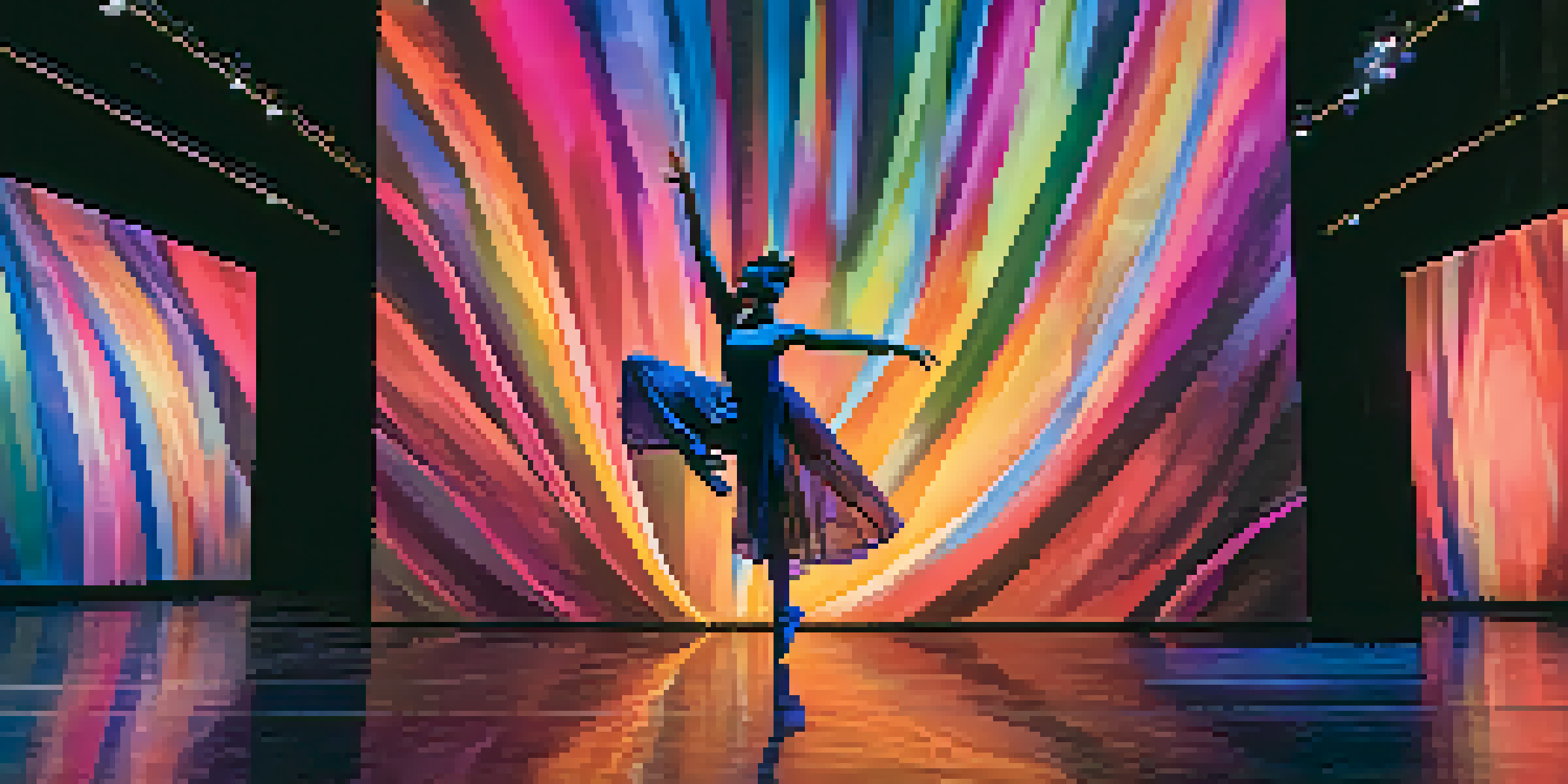 A dancer in a flowing costume performs on stage, surrounded by colorful projections that shift with their movements, creating a dynamic and immersive experience.