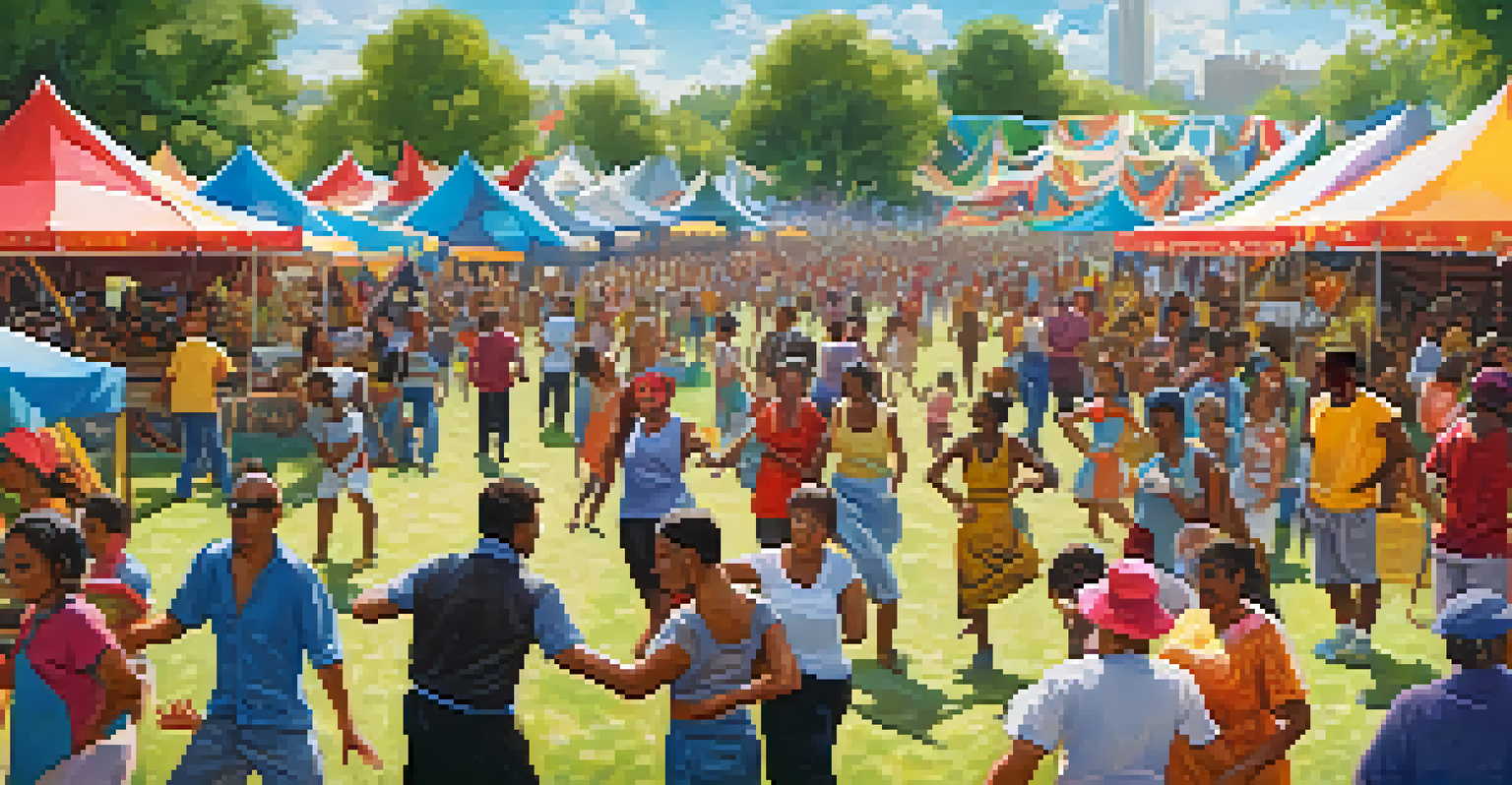 A lively outdoor dance festival in a park with diverse participants dancing under a blue sky, surrounded by colorful tents and food stalls.