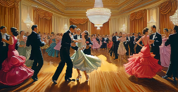 A lively ballroom scene with couples dancing elegantly under a sparkling chandelier, showcasing vibrant colors and warm lighting.