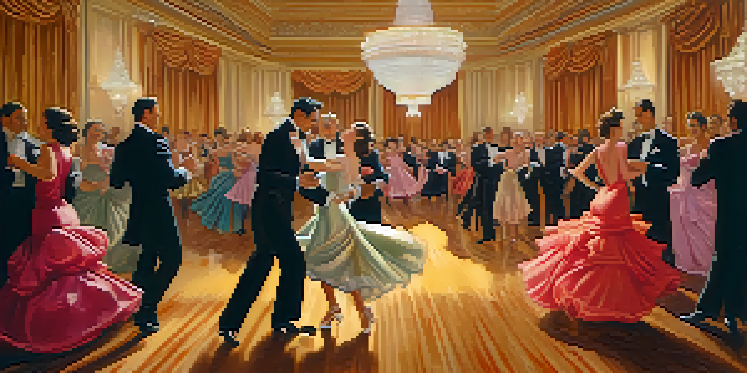 A lively ballroom scene with couples dancing elegantly under a sparkling chandelier, showcasing vibrant colors and warm lighting.