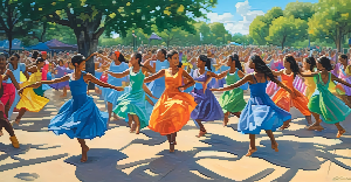 A community dance project in a park with diverse participants of all ages dancing together in colorful costumes.