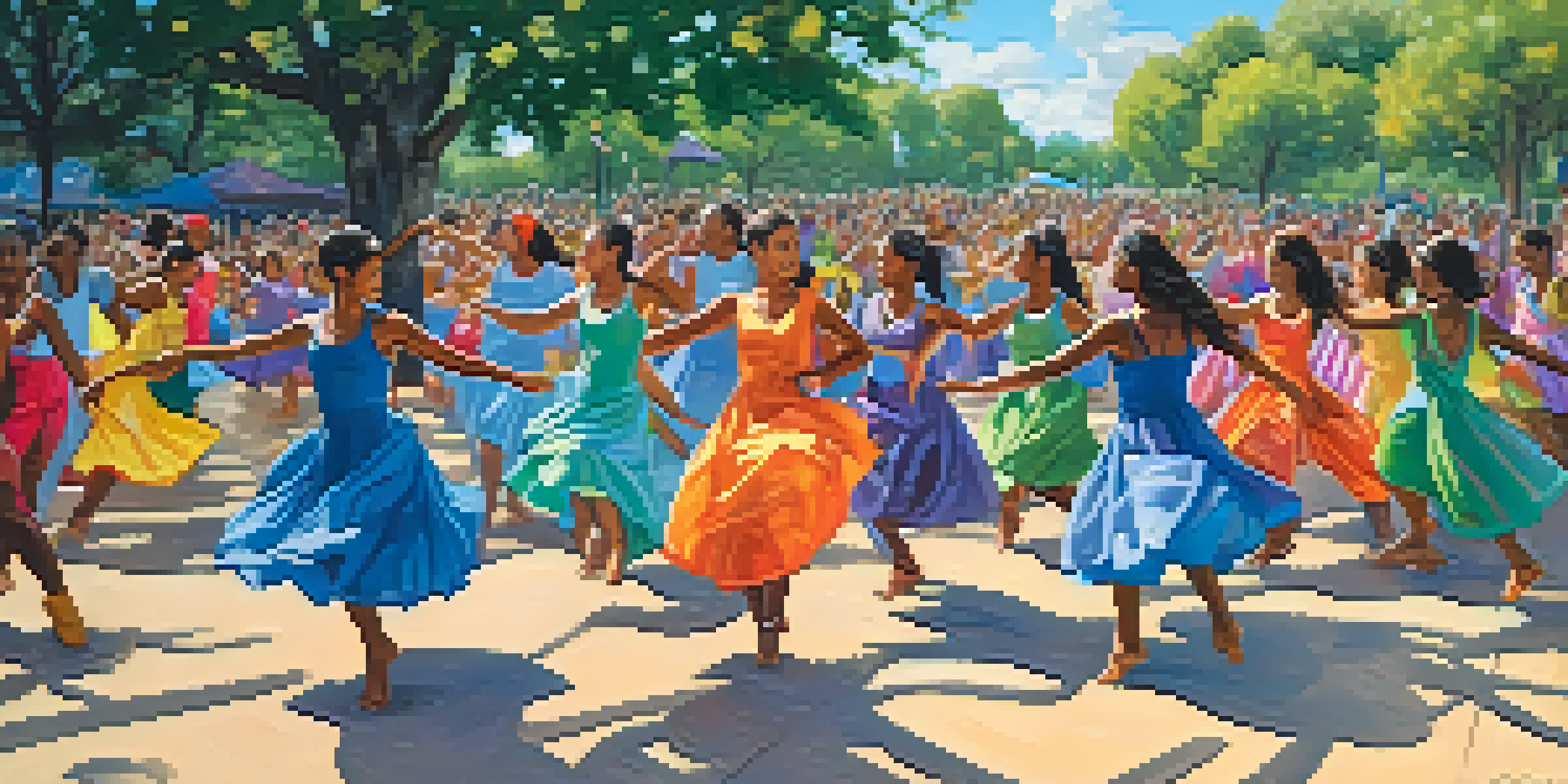 A community dance project in a park with diverse participants of all ages dancing together in colorful costumes.