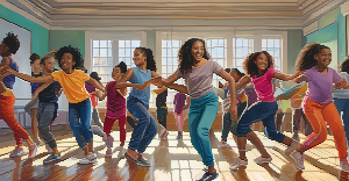 A group of young dancers in colorful outfits expressing joy and empowerment in a sunlit studio.