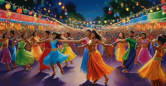 A lively dance festival with diverse dancers in colorful costumes and a large crowd of spectators.