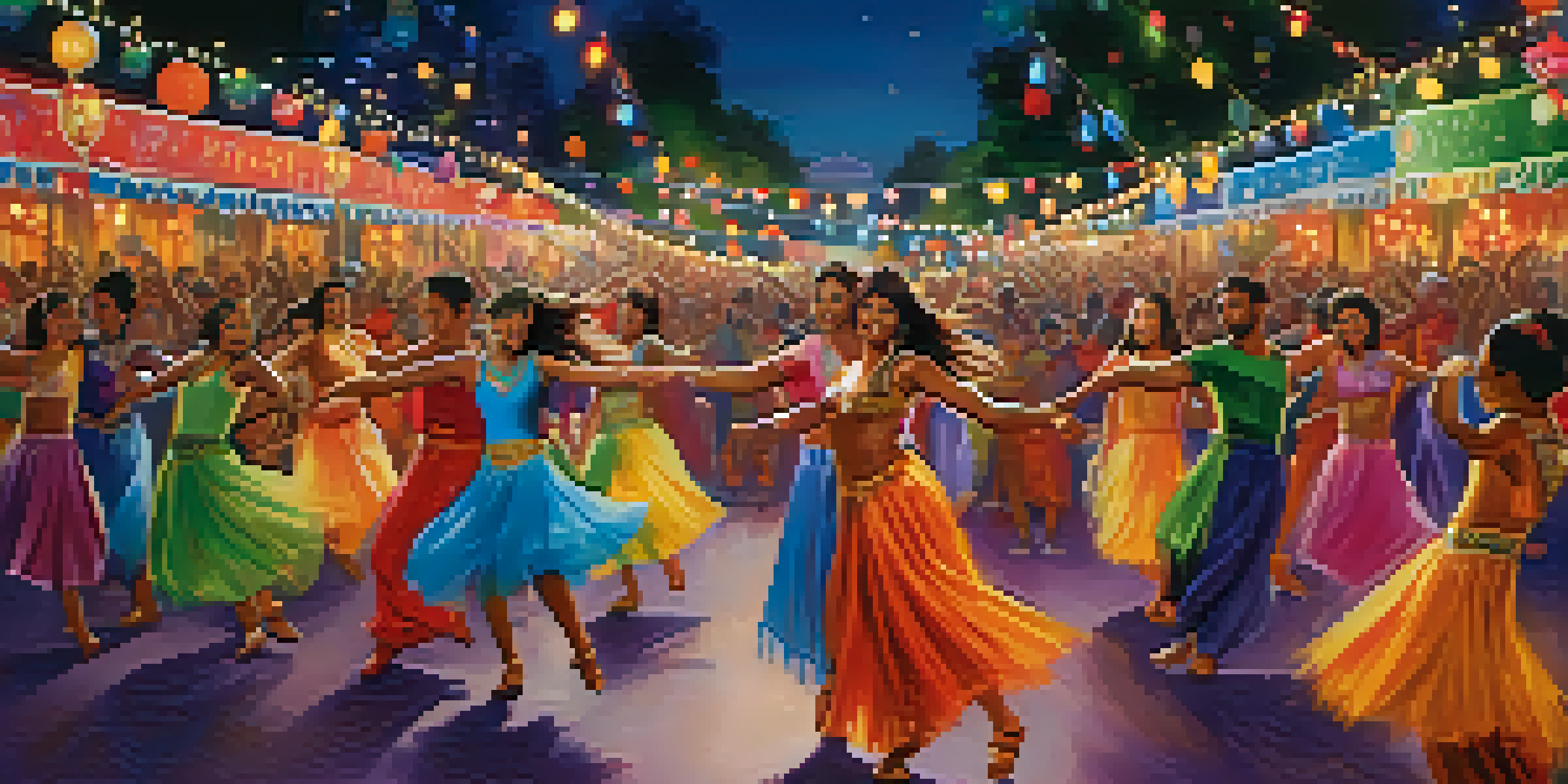 A lively dance festival with diverse dancers in colorful costumes and a large crowd of spectators.