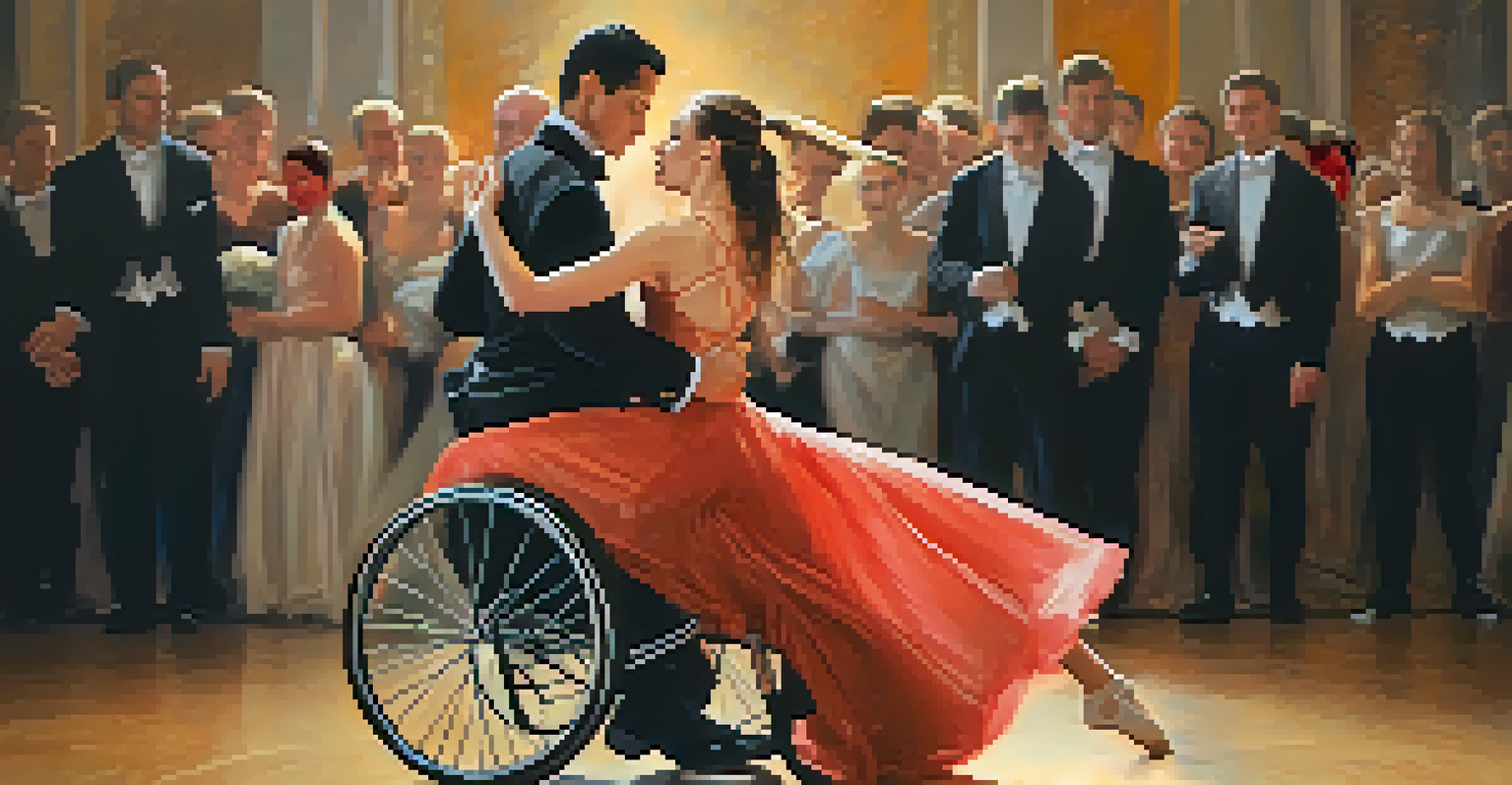 A close-up of a dancer in a wheelchair performing with a partner, capturing the elegance and connection in adaptive dance.