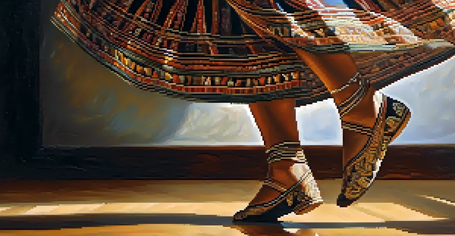 A close-up of a dancer's feet in motion, highlighting intricate footwork against a culturally decorated floor.