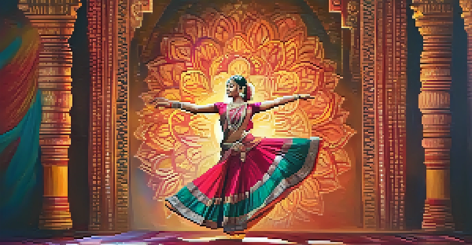 A Bharatanatyam dancer in traditional attire performing on stage with colorful decorations and warm lighting.