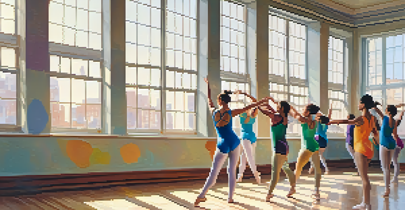 A vibrant dance class with dancers in colorful leotards, practicing stretches in a bright studio filled with warm sunlight.