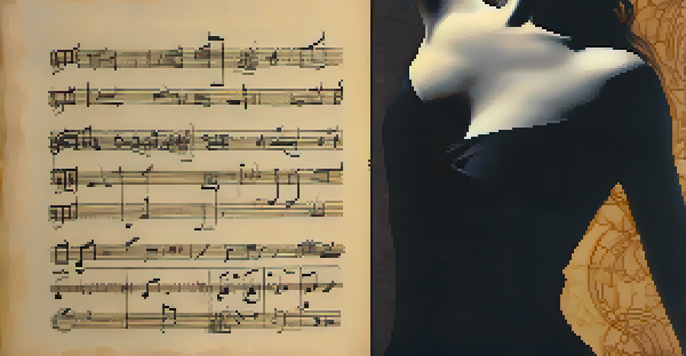 A detailed manuscript of dance notation with symbols and instructions, softly lit with a blurred dancer silhouette in the background.