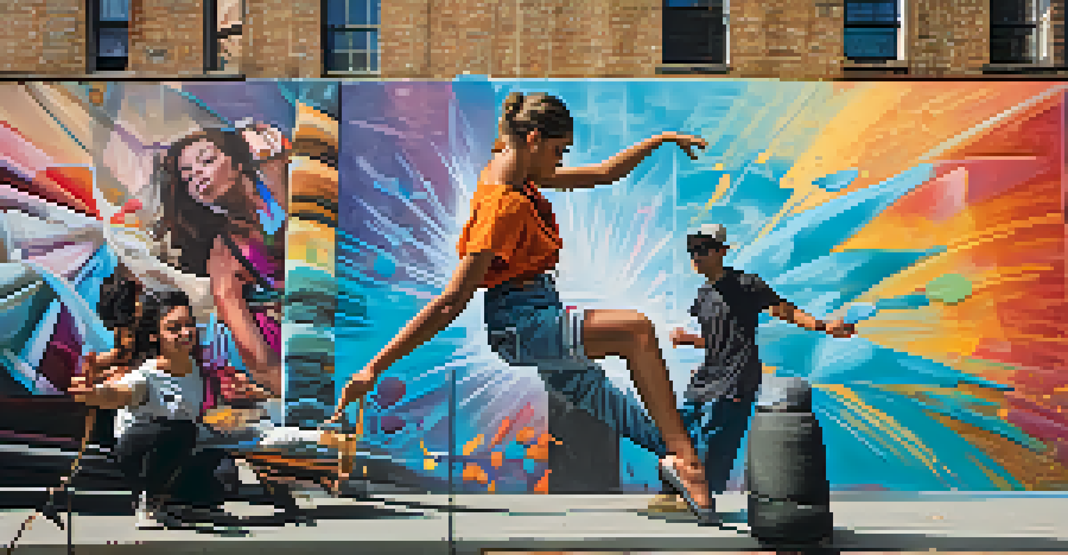 An artist painting a mural of a dancer on a city wall, surrounded by vibrant colors and urban elements, illustrating the fusion of dance and visual arts.