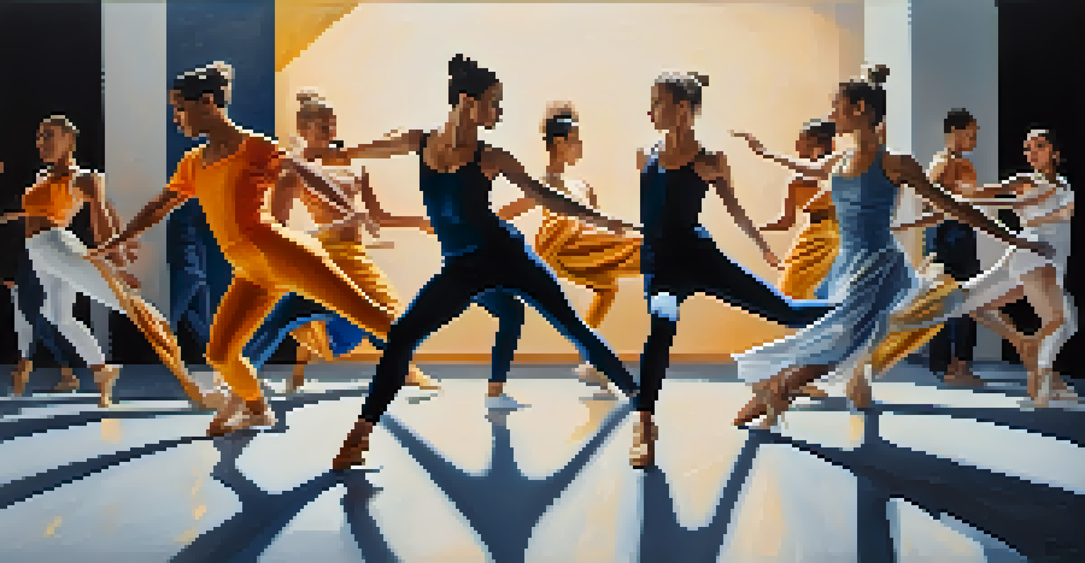 Dancers in a contemporary performance wearing a mix of athletic and elaborate costumes against a minimalist backdrop.