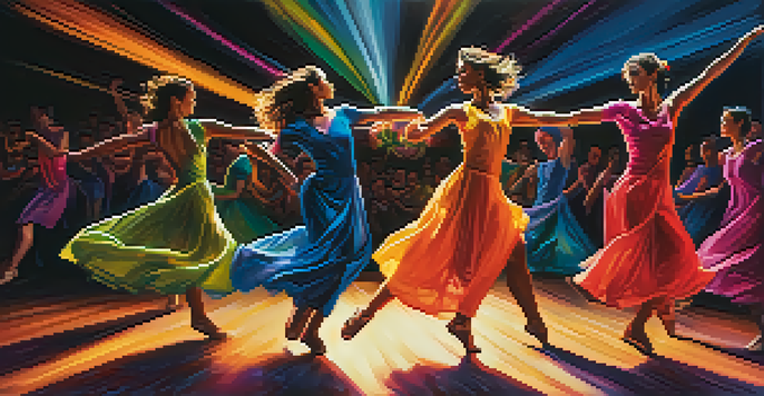 A group of dancers performing on stage with colorful costumes and dramatic lighting, showcasing fluid movements.