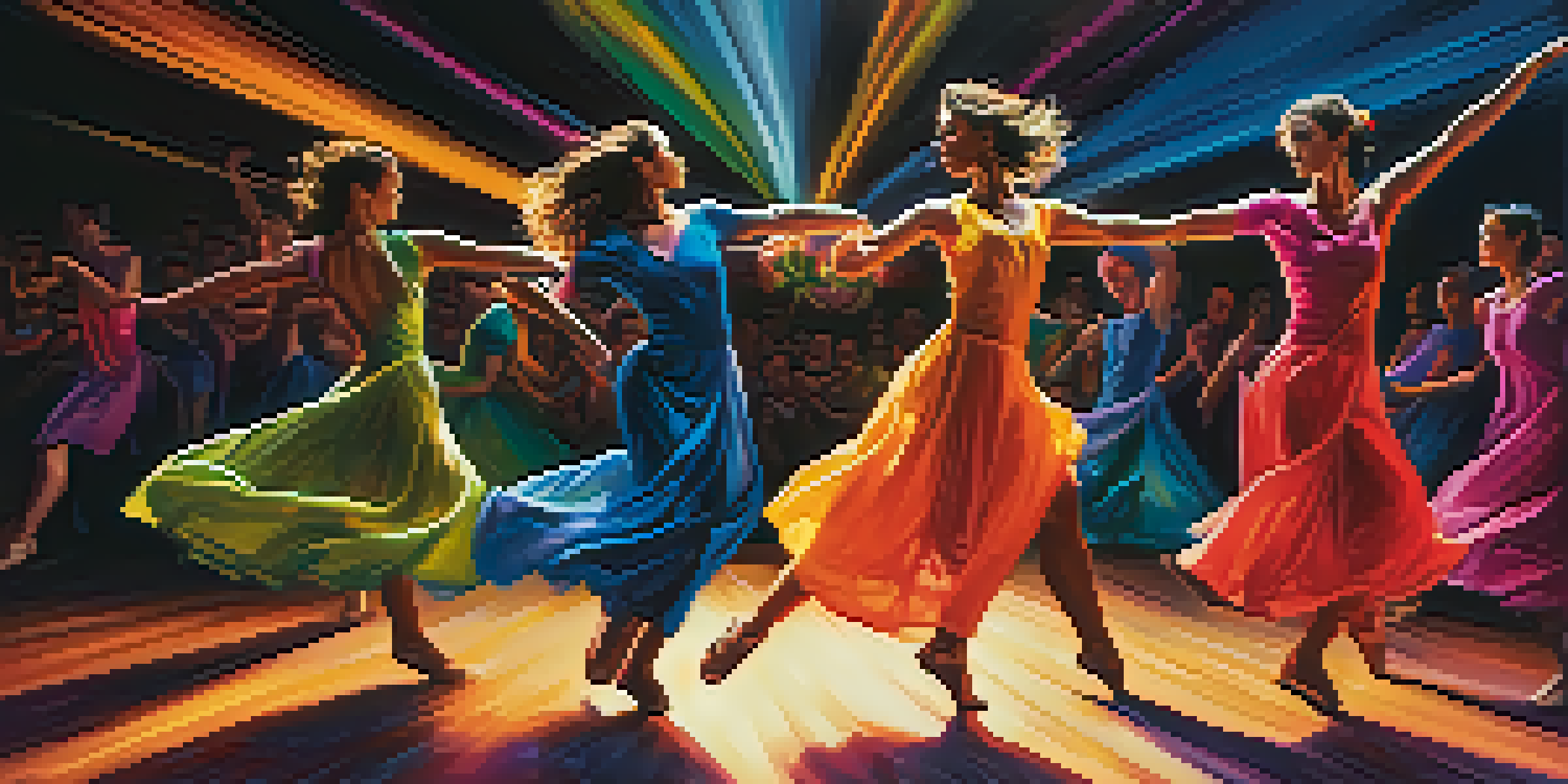 A group of dancers performing on stage with colorful costumes and dramatic lighting, showcasing fluid movements.