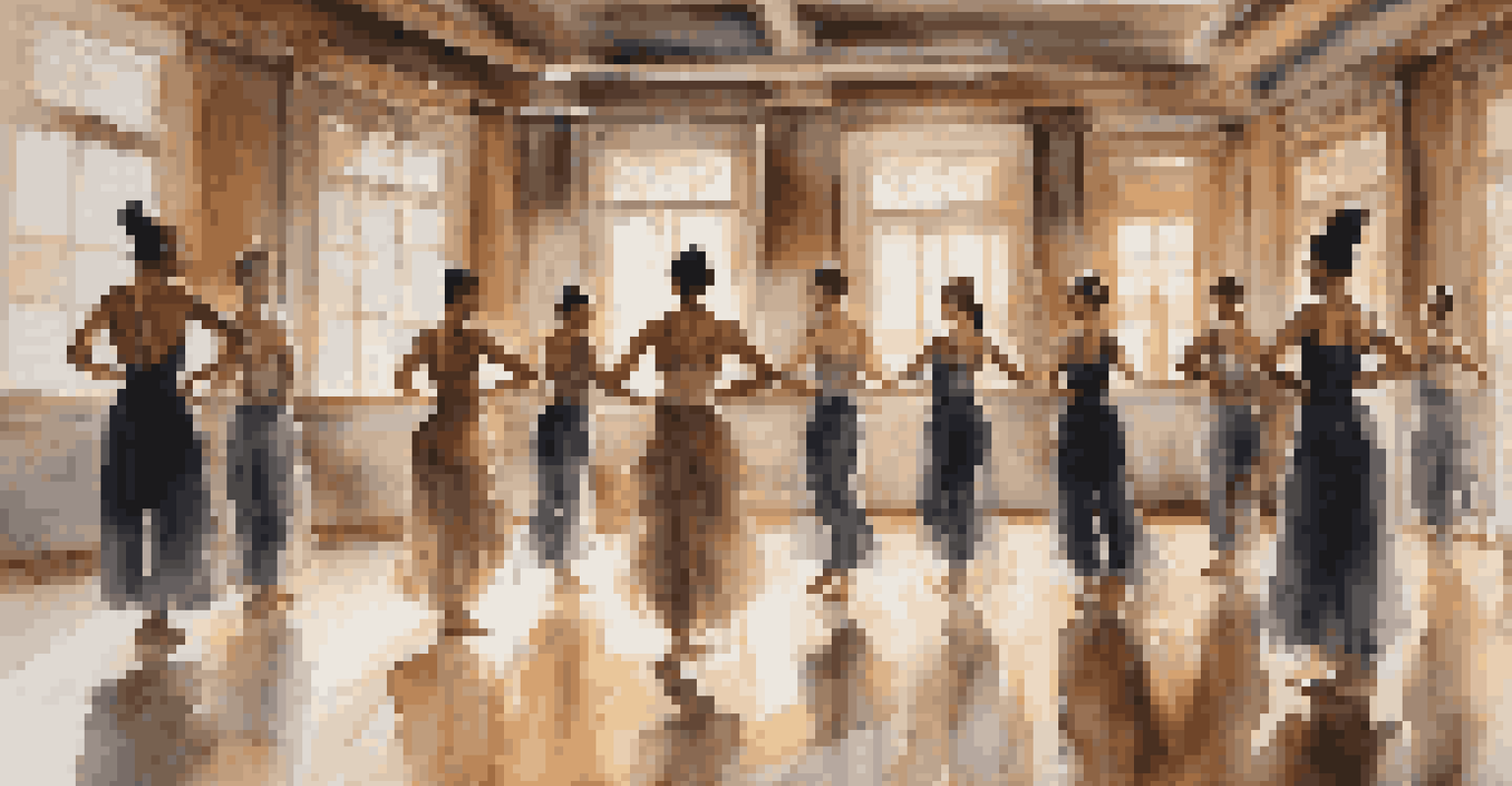 Dancers rehearsing in an indoor studio, their expressions of determination reflected in the mirrors.