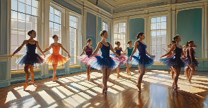 A choreographer demonstrating a dance move in a sunlit studio with dancers observing.