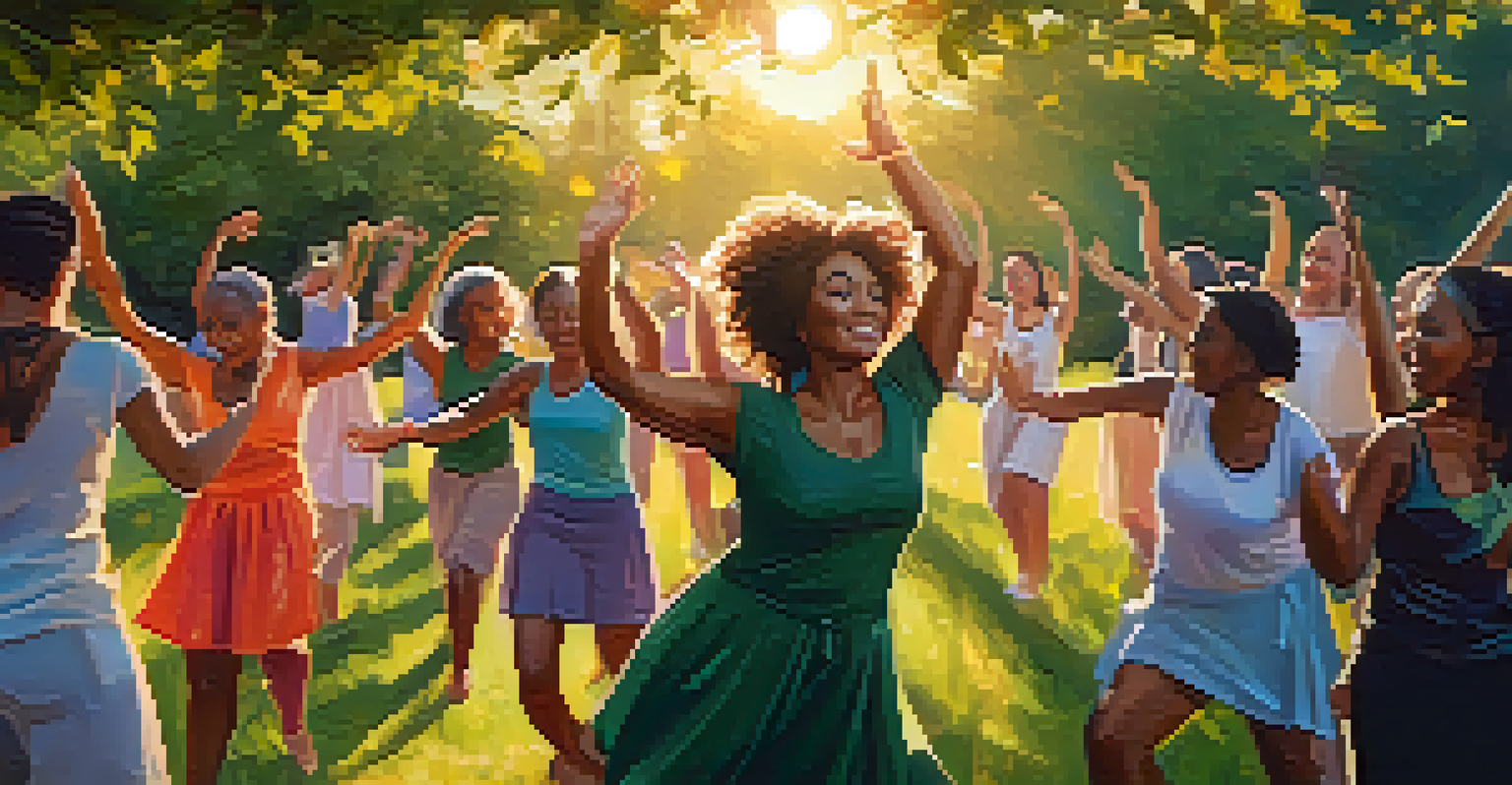 A group of individuals dancing joyfully in an outdoor setting surrounded by greenery, emphasizing community and empowerment.