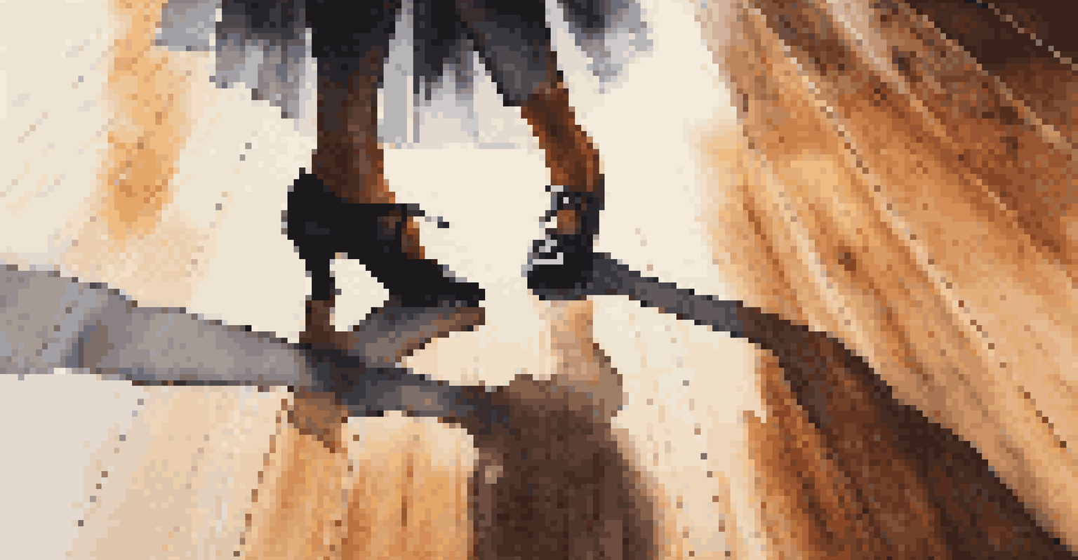 Close-up of a dancer's feet in stylish shoes on a polished wooden floor, with a soft reflection of their silhouette.