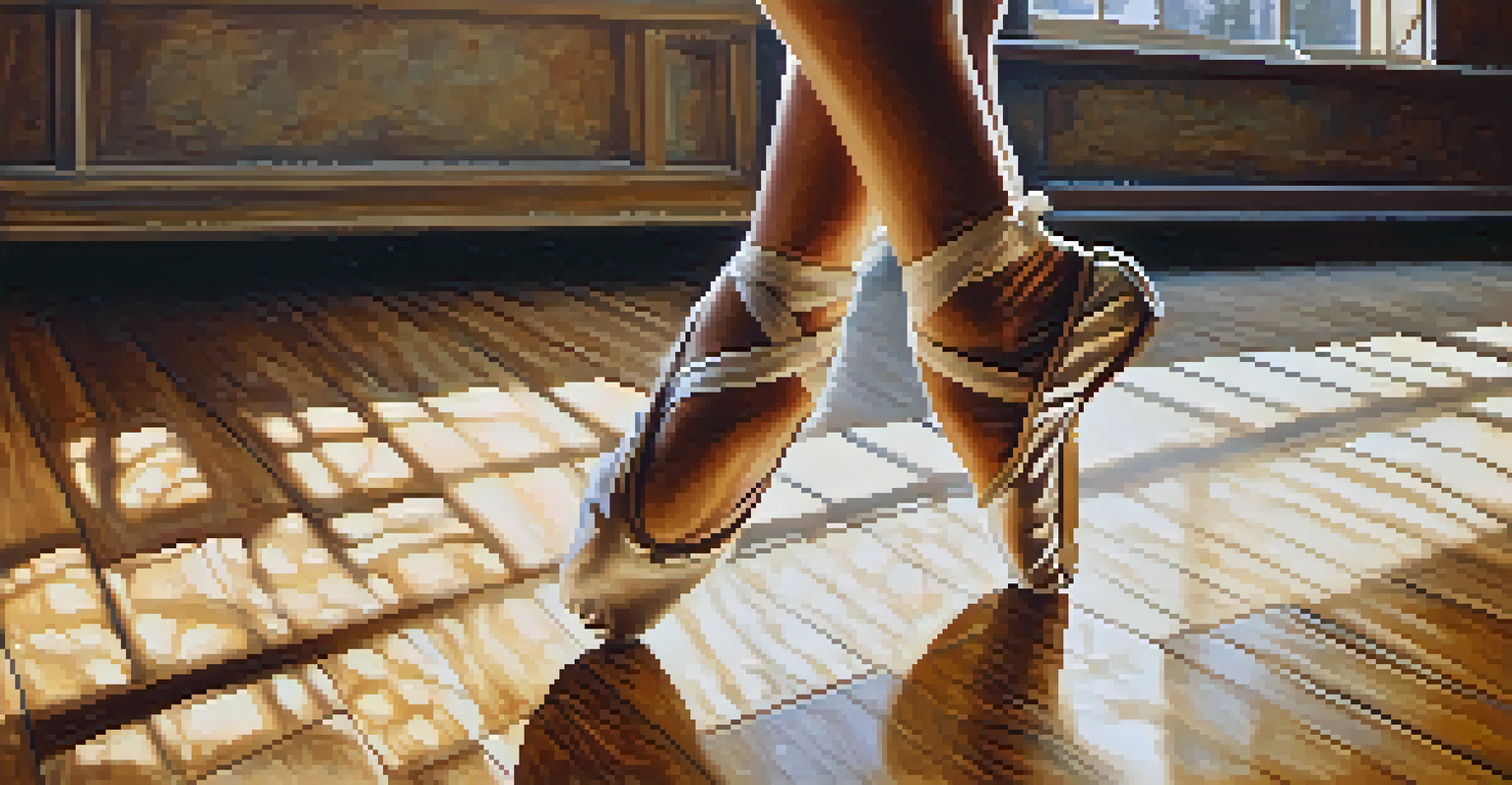Close-up of a dancer's feet executing a movement on a polished wooden floor, highlighting technique.