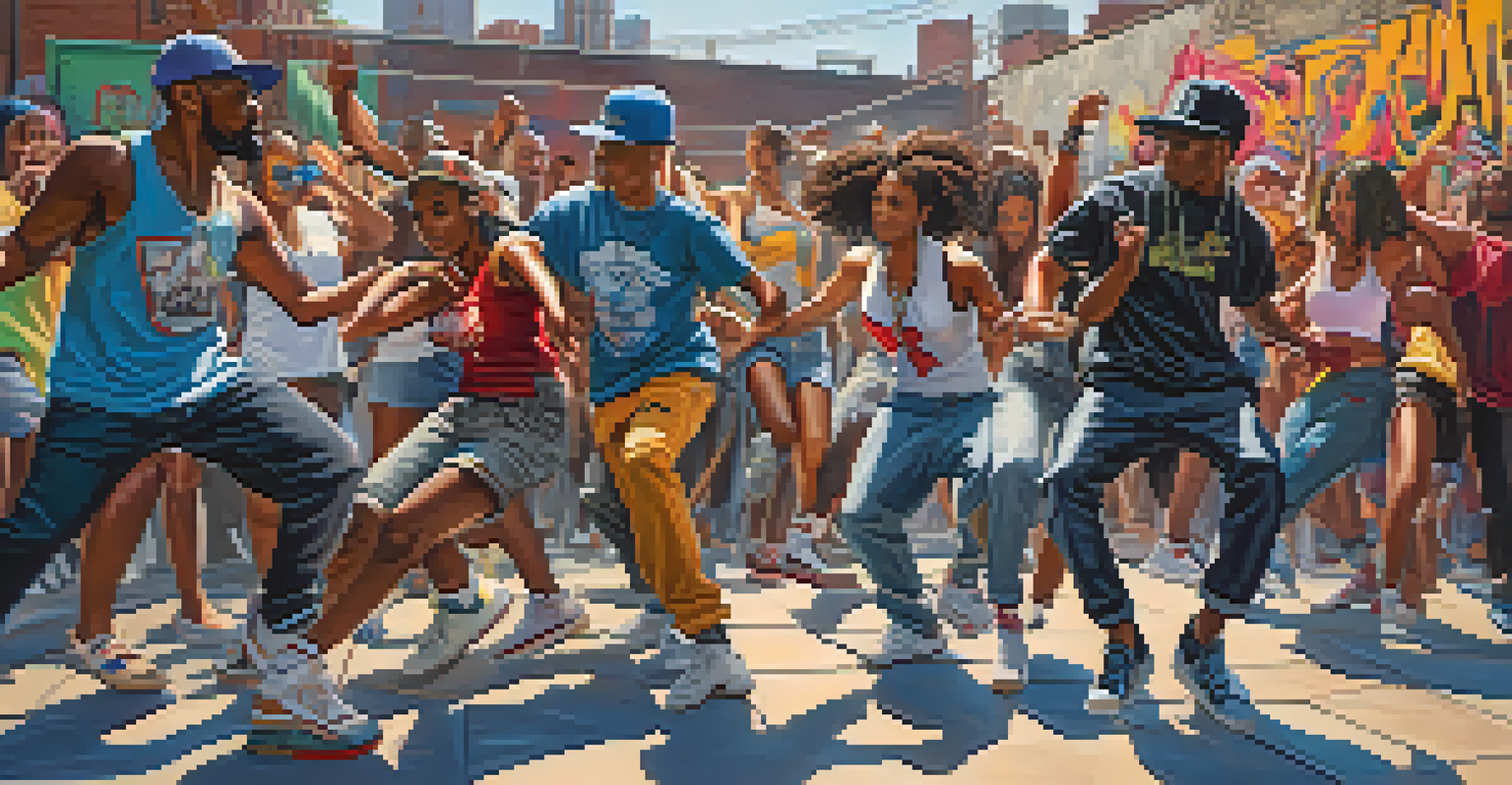 A lively outdoor hip-hop dance battle with diverse dancers in dynamic poses and colorful graffiti in the background.
