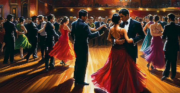 A lively tango dance performance in a dimly lit hall with colorful dancers and an engaged audience.