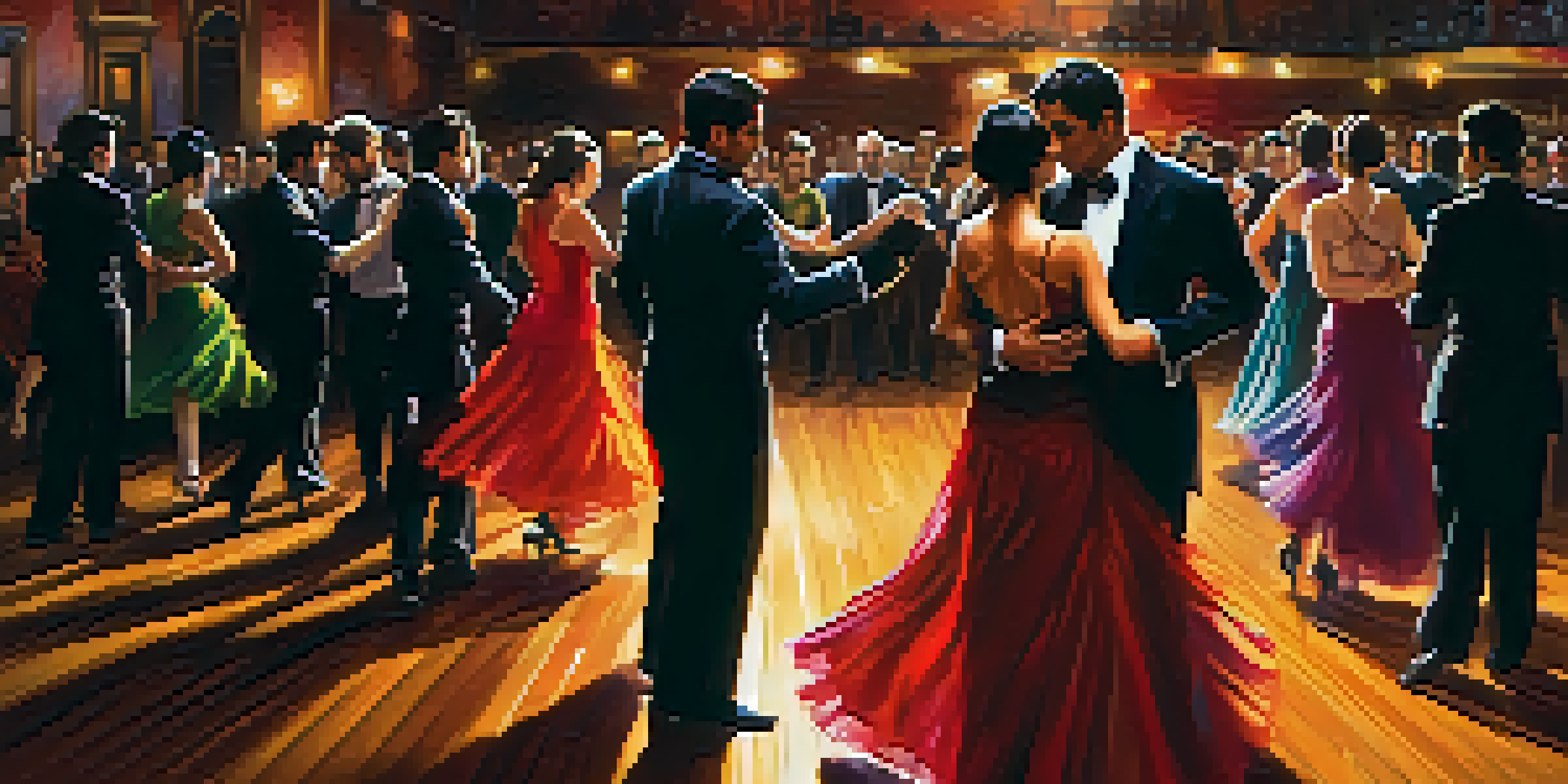 A lively tango dance performance in a dimly lit hall with colorful dancers and an engaged audience.