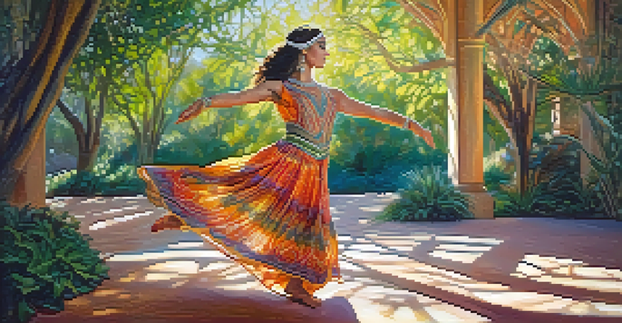 A Middle Eastern dancer in a colorful costume performing outdoors, surrounded by greenery and sunlight.