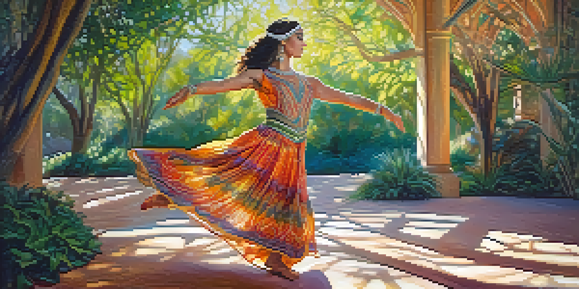 A Middle Eastern dancer in a colorful costume performing outdoors, surrounded by greenery and sunlight.