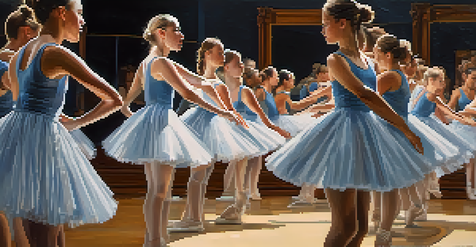 Dancers engaged in a workshop, showing their focused expressions and the dance studio environment with mirrors and natural light.