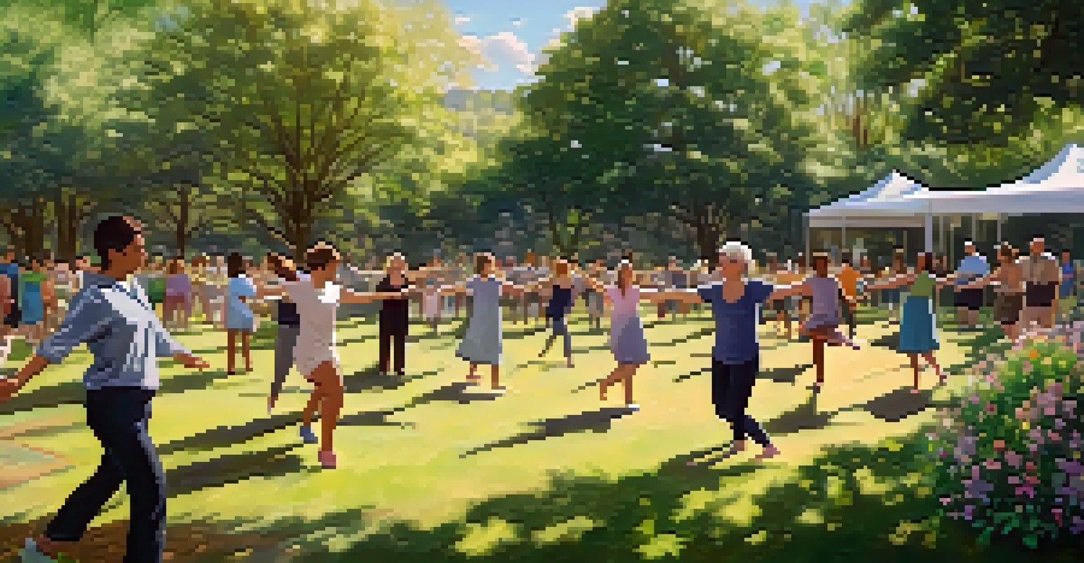 An outdoor dance therapy workshop in a park, showcasing participants of all ages dancing among blooming flowers.