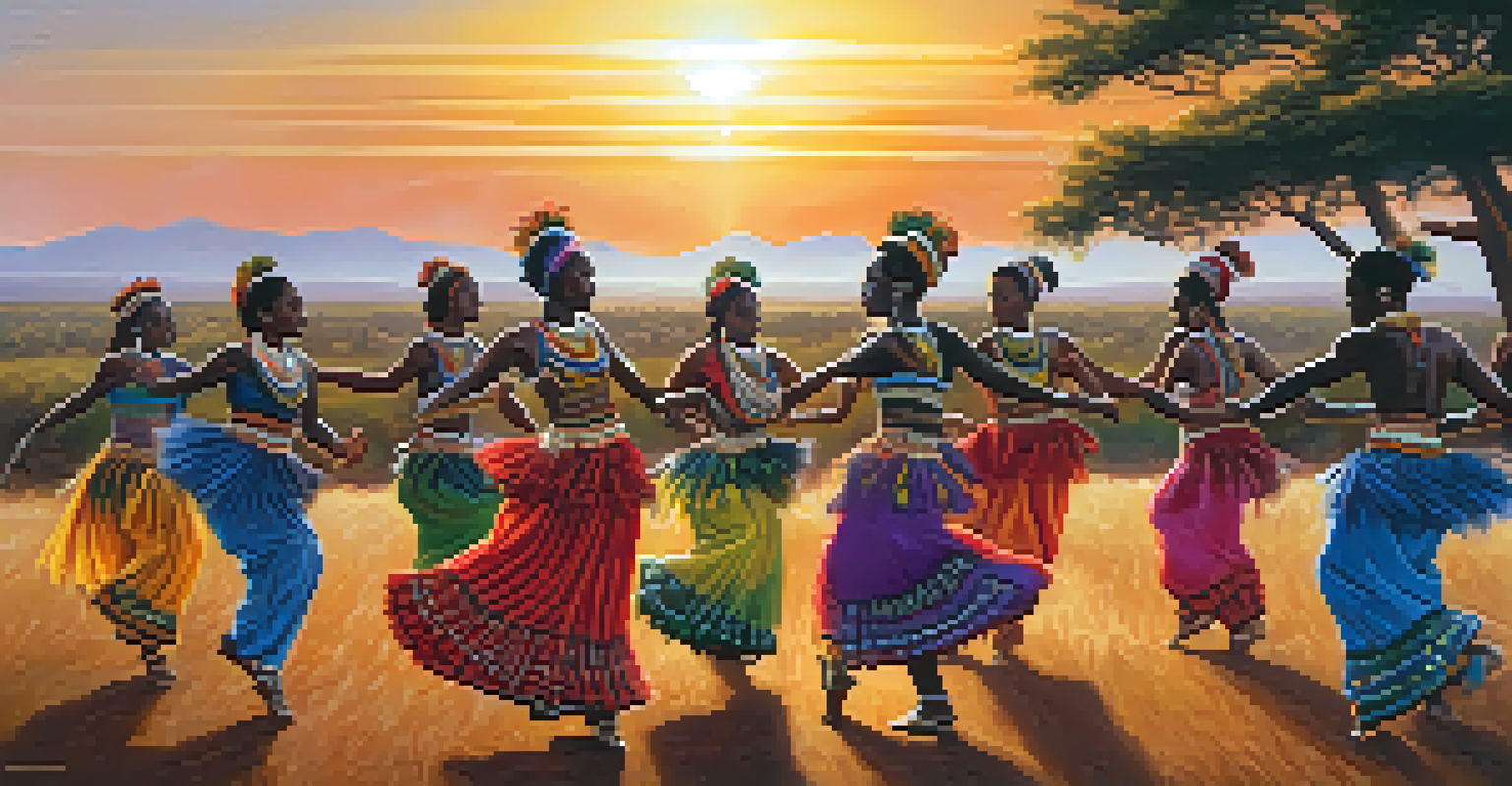 A group of dancers in colorful costumes performing a traditional African dance at sunset.