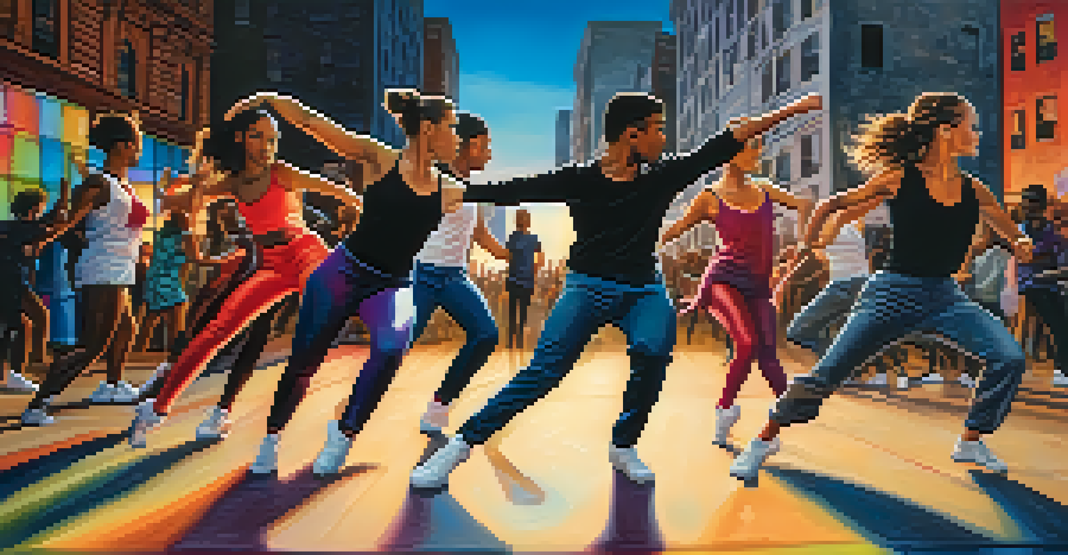Dancers performing a powerful piece against an urban backdrop at dusk, illuminated by colorful lights, with expressions of determination and resilience.