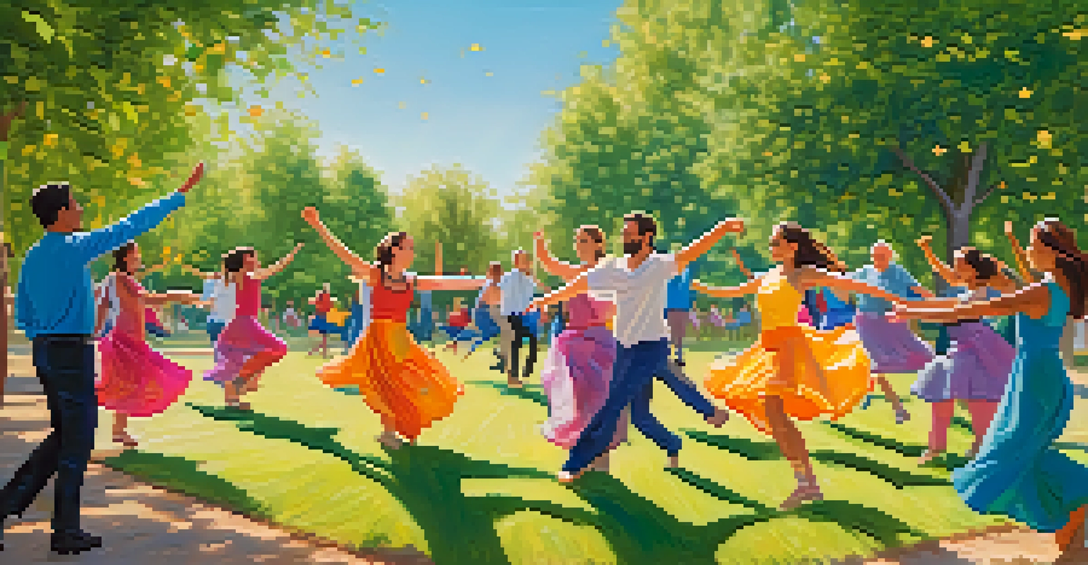 Participants of various ages dancing joyfully in a lush park during an outdoor dance therapy session under a clear blue sky.