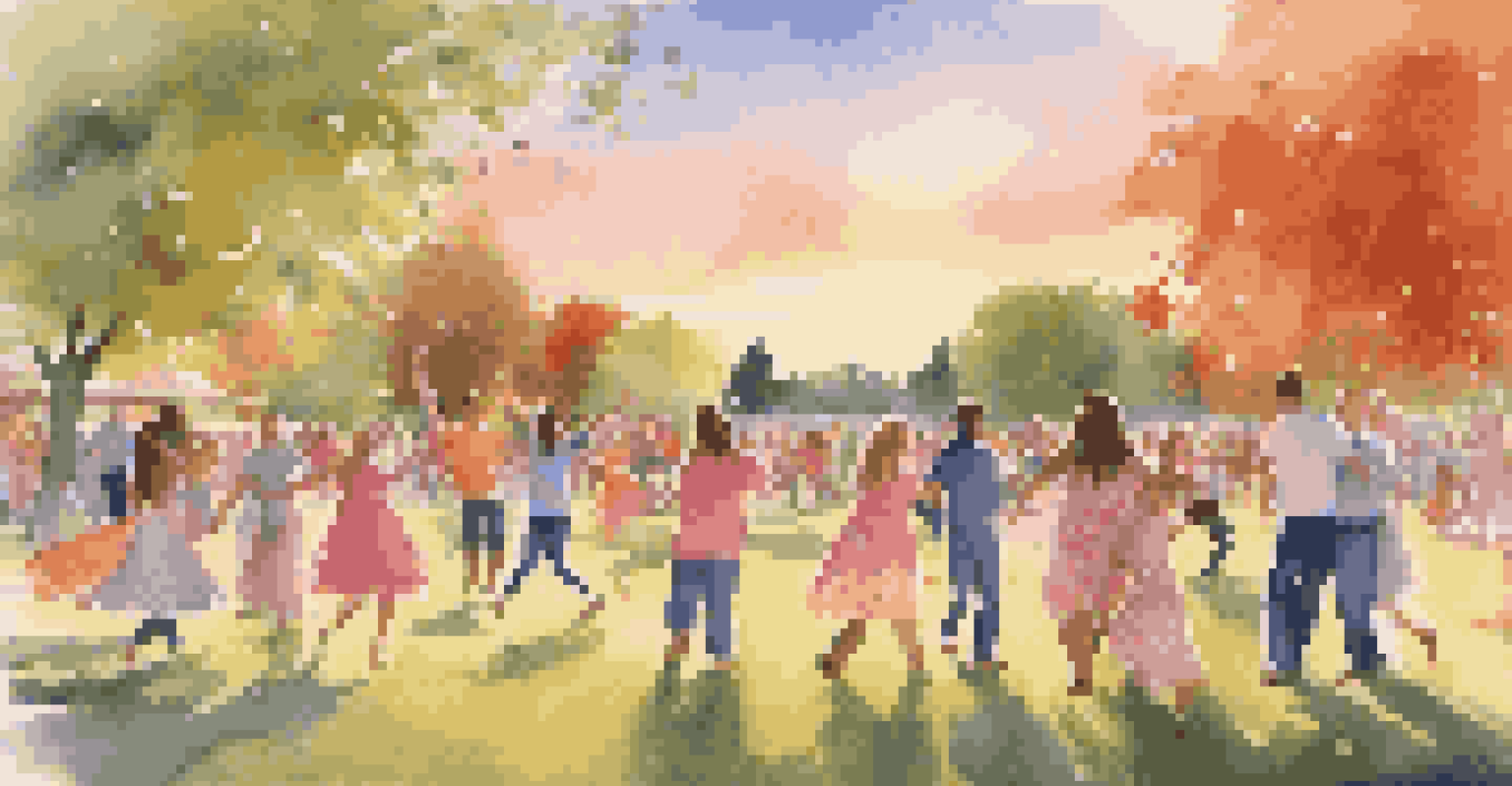 Families dancing together in a park during sunset, with colorful banners and a warm sky.