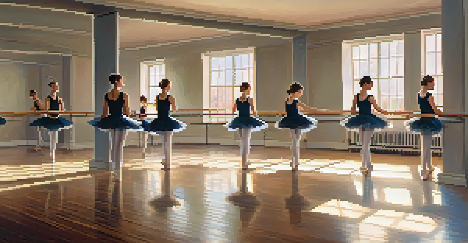 A ballet instructor guiding young dancers in a bright studio, with wooden floors and mirrors, as they practice their techniques.
