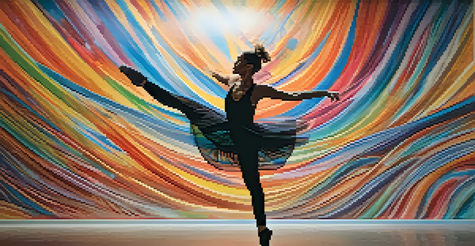 A contemporary dancer performing in front of a large, colorful mural that changes in real-time, illuminated by soft warm lighting.