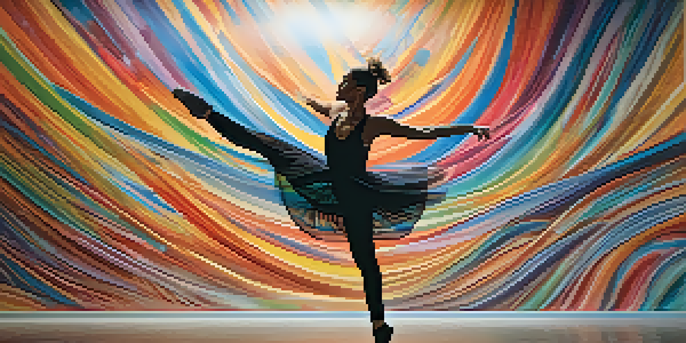 A contemporary dancer performing in front of a large, colorful mural that changes in real-time, illuminated by soft warm lighting.