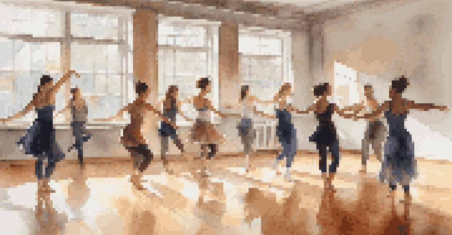 Participants of various skill levels practicing choreography in a bright dance studio with an instructor.