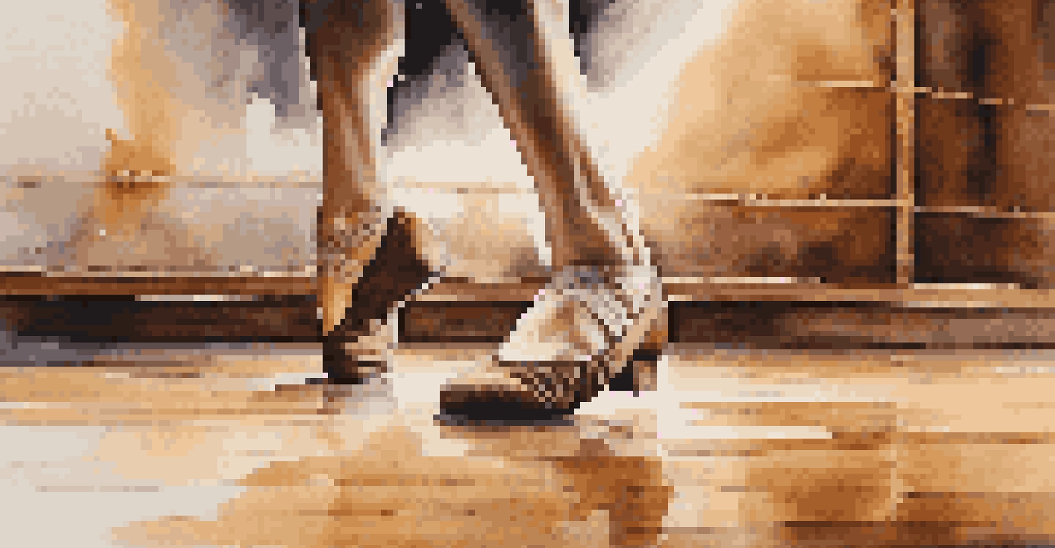 Close-up of a dancer's feet performing intricate footwork on a wooden stage.