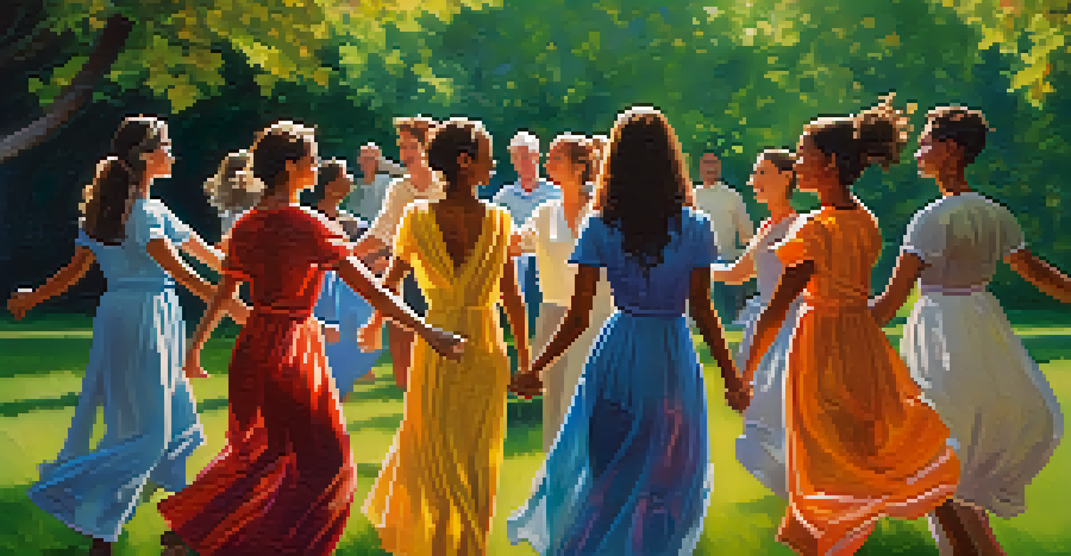 A group of individuals in a dance therapy circle outdoors, holding hands and expressing emotions in a lush green park.