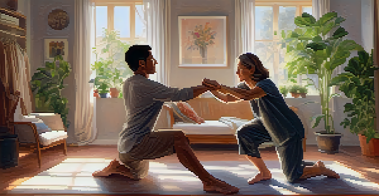 A dance therapist guiding a participant in a cozy, softly lit room, focusing on emotional expression through movement.