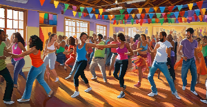 A lively salsa dance workshop with diverse participants enjoying the experience in a colorful room.