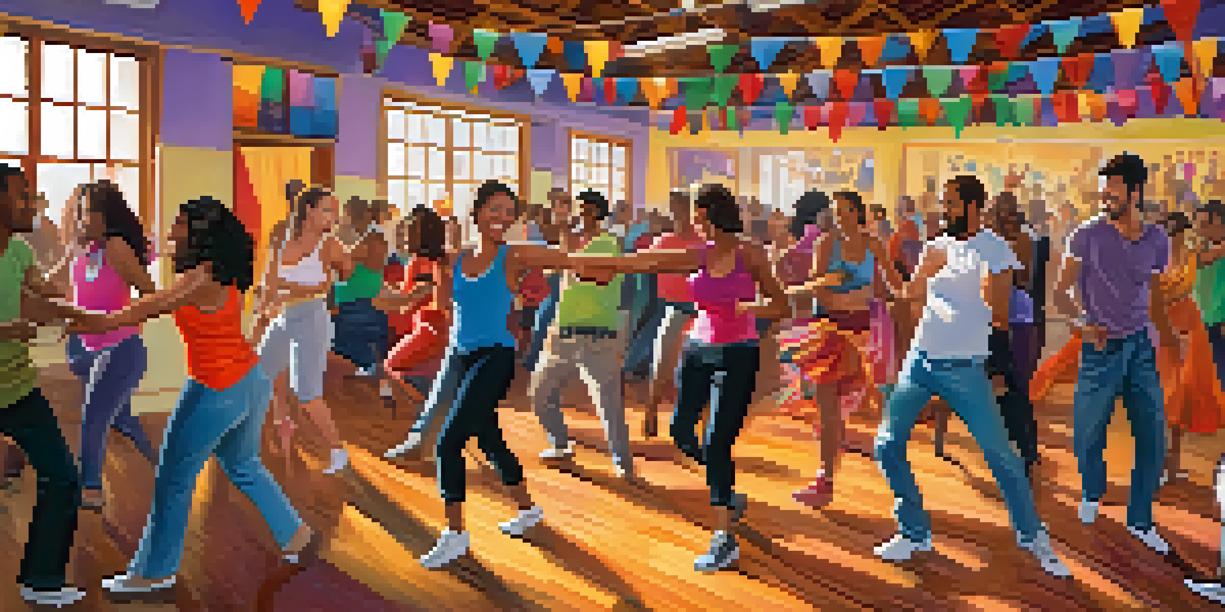 A lively salsa dance workshop with diverse participants enjoying the experience in a colorful room.