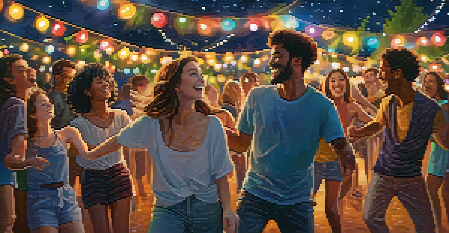 A group of friends having fun at an outdoor dance party, surrounded by colorful lights under a starry night sky.